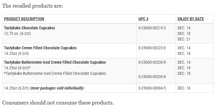 tastykake recall in nj